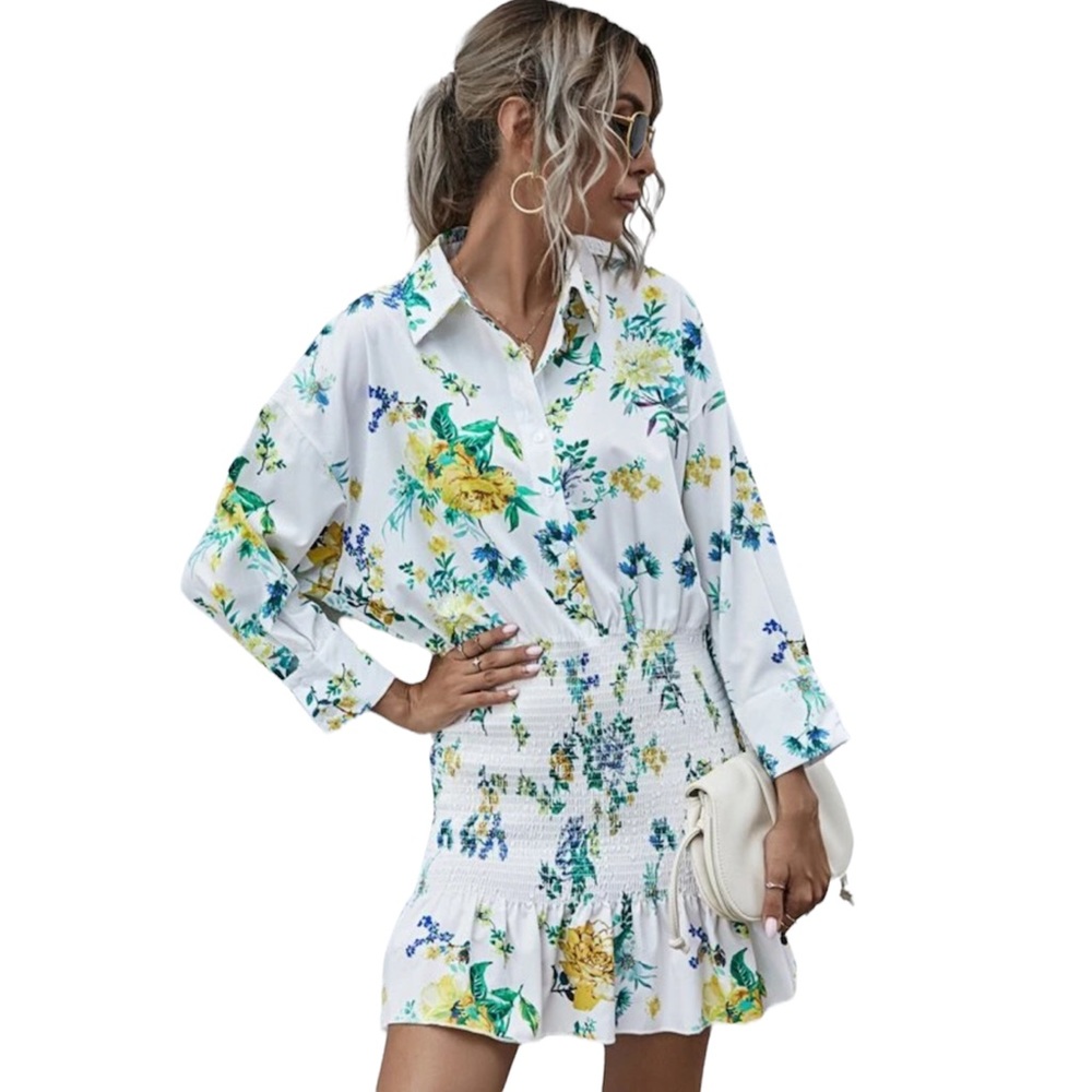 ZARA Patricia Floral Shirred Ruffle Hem Mini Shirt Dress White Blue Green XS